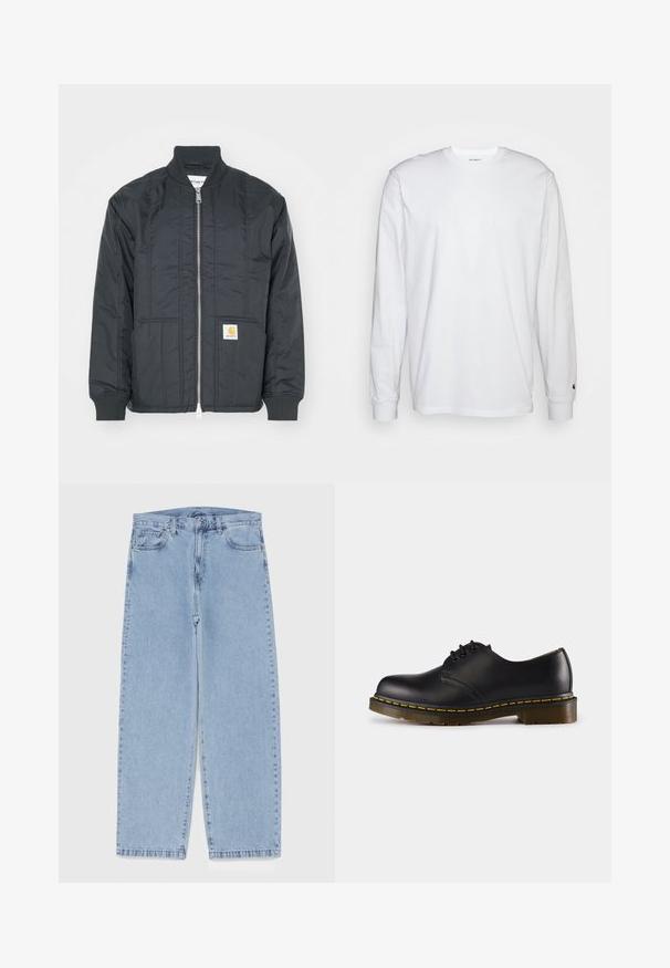 Black quilted jacket with a zip front, ribbed cuffs, and a stand collar. Features two side pockets and a small logo patch on the pocket.; White long-sleeved T-shirt made of cotton. Crew neck design with ribbed cuffs and a small logo on the left sleeve. Smooth texture.; Light blue denim jeans with straight leg design, featuring a mid-rise waist, five pockets, and a button and zipper closure.; Black leather shoe with rounded toe, lace-up design, yellow stitching along the sole, and a chunky, textured rubber outsole.