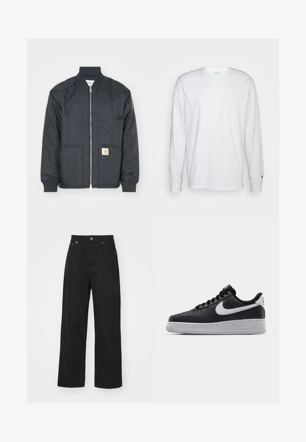 Melnā pīto jaka ar rāvējslēdzēju priekšā, ribotām aprocēm un stāvošu apkakli. Satur divas sānu kabatas un mazu logo piedurkni uz kabatas.; Balta garām piedurknēm T-kreklā, kas izgatavots no kokvilnas. Arapa kakla dizains ar ribotām aprocēm un mazu logotipu uz kreisās piedurknes. Gluda tekstūra.; Melnas denim bikses ar taisna caurumu dizainu, kas aprīkotas ar piecām kabatām, pogu aizdari un klasisku jostu. Gluda tekstūra.; Melna ādas sporta apavi ar teksturētu virsmu, balta Nike swoosh zīme, pelēks zole, apaļa pirksta daļa un saistējs dizains. Iekļautas perforācijas uz pirksta kastes.