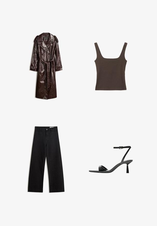 Brauner Kunstleder-Trenchcoat mit doppelreihigem Design, Schulterklappen, tailliertem Gürtel und strukturiertem Finish.; Braunes ärmelloses Oberteil mit quadratischem Ausschnitt, aus weichem, dehnbarem Stoff gefertigt. Verfügt über ein figurbetontes Design und flache Nähte.; Schwarze weit geschnittene Jeans mit hoher Taille, ausgestattet mit Vorder- und Hintertaschen, gesteppten Nähten und einem Knopfverschluss. Glatte Textur.; Bershka High Heel Sandalette - black