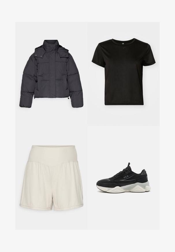 ONLY Play ONPHOPE SHORT JACKET - Winter jacket - phantom; Black short-sleeve t-shirt made of smooth fabric, featuring a round neckline and a relaxed fit. Includes minimal design details.; Light beige shorts with a textured ribbed waistband, flowing design, and casual fit. Features stitched hems and side slits for flexibility.; Black sneakers made of mesh and suede, featuring thick sole, rounded shape, subtle grey accents, and branded logo on the side.