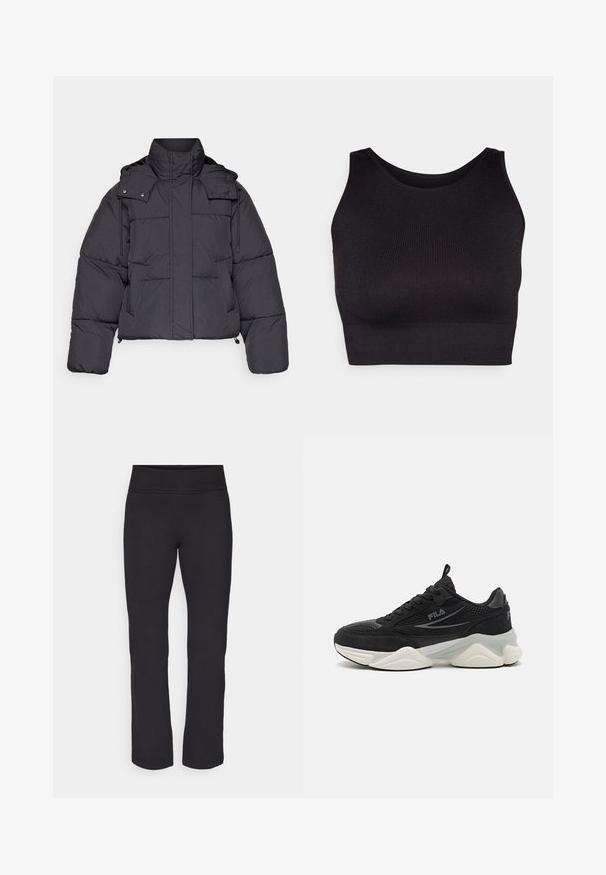 ONLY Play ONPHOPE SHORT JACKET - Winterjas - phantom; Zwarte geribbelde crop top met een hoge halslijn en brede armsgaten, uitgevoerd in een zachte, rekbare stof voor comfort en een naadloos ontwerp.; Zwarte leggings van een gladde, rekbare stof met een brede tailleband. Ze hebben rechte, volle lengtes en geen zichtbare patronen of accenten.; Zwarte sneakers van mesh en suede, met een dikke zool, ronde vorm, subtiele grijze accenten en een merklogo aan de zijkant.