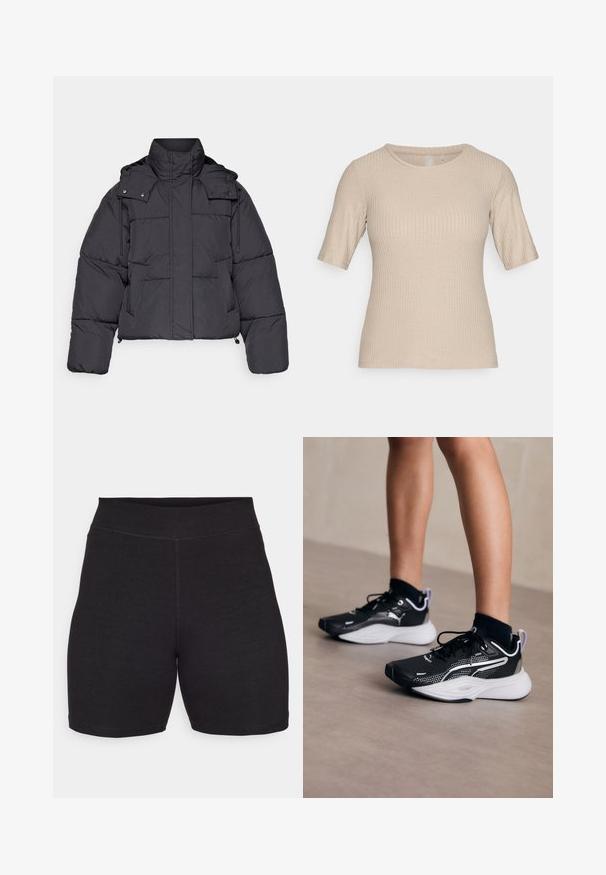 ONLY Play ONPHOPE SHORT JACKET - Winter jacket - phantom; Beige ribbed short-sleeve top with a round neckline and fitted design, made from soft, stretchy fabric.; Black cycling shorts with a high waist, made of stretchy, soft fabric. Features flat seams and a smooth texture for comfort.; Black athletic shoes with white accents, mesh upper, laces, and cushioned heel. Features a textured sole for traction.