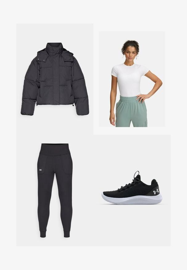 ONLY Play ONPHOPE SHORT JACKET - Winterjacke - phantom; Weißes, körpernahes T-Shirt mit kurzen Ärmeln, kombiniert mit hellgrünen Hosen mit elastischem Bund. Glatte Textur, minimalistisches Design und keine sichtbaren Muster.; Schwarze Sportleggings aus dehnbarem Material, mit hohem Taillenbund, seitlichen Taschen und schmalen Bündchen am Knöchel.; Schwarze Sportschuhe mit einem atmungsaktiven Mesh-Obermaterial, strukturierten Details und einer weißen Gummisohle. Ausgestattet mit flachen Schnürsenkeln und einer Zuglasche an der Ferse.