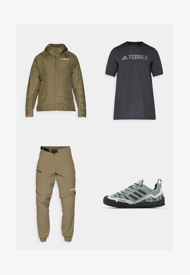 Zielono-oliwkowa kurtka ocieplana z kapturem, z zamkiem z przodu, pikowany fason i biały napis "TERREX" na lewej piersi.; Czarny t-shirt z krótkim rękawem wykonany z lekkiego materiału, z jasnoszarym logo "TERREX" na piersi oraz okrągłym dekoltem.; Khaki spodnie outdoorowe z regulowanym czarnym paskiem, zamykanymi kieszeniami, zwężanymi nogawkami oraz odpinanymi dolnymi nogawkami, co umożliwia różnorodne stylizacje.; Szare buty do wspinaczki z fakturowaną cholewką, czarną gumową osłoną palców, trzema ciemnymi paskami i małym czerwonym akcentem na podeszwie.