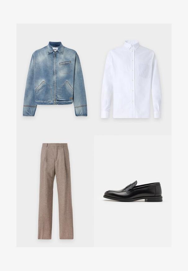 Gai zilblu džinsa jaka ar priekšējo rāvējslēdzēju, klasisku apkakli, divām sānu kabatām un vienu krūšu kabatu. Kontrastējoši izšūšanas elementi.; Balts garo piedurknēm krekliņš ar pogām, izgatavots no kokvilnas, ar krūšu kabatu ar tonālu izšuvumu, apkakli un pogām pie piedurknēm.; Brūni, augstos šortos izgatavoti no teksturēta auduma. Iezīmē plašas kājas un divas priekšējās krokas, kas nodrošina struktūru. Kārtīga apdare bez redzamām detaļām.; Melnas ādas kurpes ar gludu tekstūru, noapaļu purngalu un dekoratīvu siksniņu pāri priekšpusei. Zems sakrauts papēdis, minimālisma dizains.