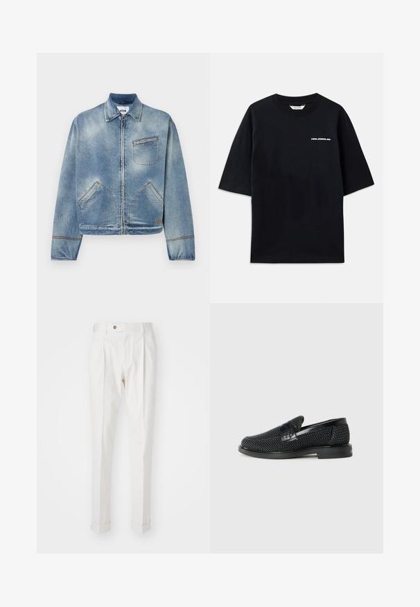 Světle modrá džínová bunda s předním zipem, klasickým límcem, dvěma bočními kapsami a jednou náprsní kapsou. Kontrastní švy.; Černé bavlněné tričko s krátkými rukávy, kulatým výstřihem a malým bílým logem "HOLZWEILER" na přední straně, s volným střihem.; Bílé kalhoty na míru s plochým předním dílem, dvěma sklady a ohrnutými nohavicemi. Vyrobené z hladké tkaniny s knoflíkovým zapínáním v pase.; Černé pletené nazouvací boty s hladkým koženým akcentem na svršku, kulatou špičkou a nízkoprofilovou gumovou podrážkou.