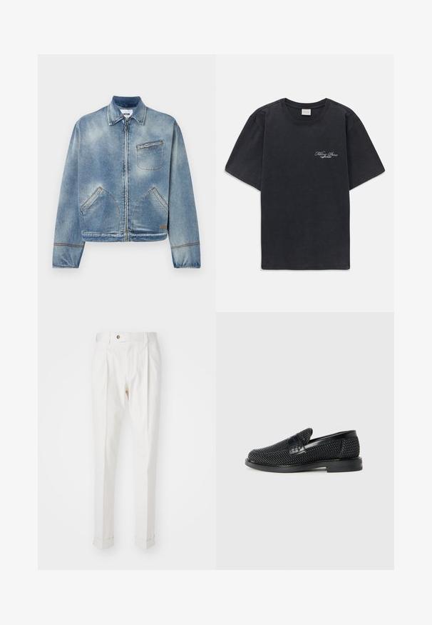 Light blue denim jacket with a front zipper, classic collar, two side pockets, and a single chest pocket. Contrasting stitching details.; Black short-sleeve crew neck t-shirt with small white "Filling Pieces" text logo on the left chest.; White, tailored trousers with a flat front, two pleats, and rolled cuffs. Made of a smooth fabric with a button closure at the waist.; Black woven slip-on shoe with a smooth leather accent on the upper, a round toe design, and a low-profile rubber sole.