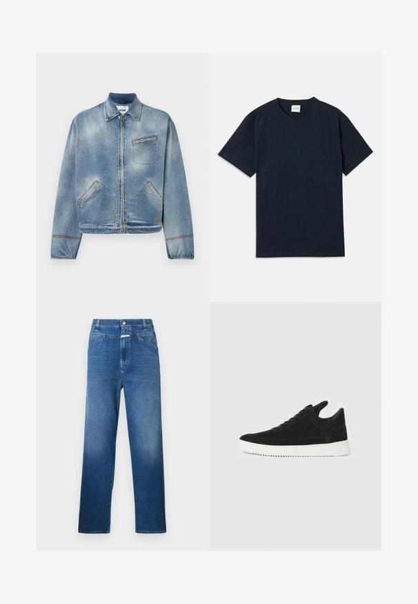 Šviesiai mėlynas džinsinis švarkas su priekiniais užtrauktukais, klasikine apykakle, dviem šoninėmis kišenėmis ir viena krūtine kišene. Išskirtinės siūlės detalės.; Tamsiai mėlyna trumpomis rankovėmis marškinėliai su apvalia iškirpte, su mažu įspaustu logotipu šalia apatinio krašto.; Mėlynos džinsinės kelnės tiesaus kirpimo, su sagų uždarymu, diržo kilpomis ir lengvu blukimu ant šlaunų.; Juodų suede sportbačių su balta gumine padu, su toniniais siuvinėjimais ir raištelių užsegimu. Sklandus paviršius su šiuolaikine, laiko forma.
