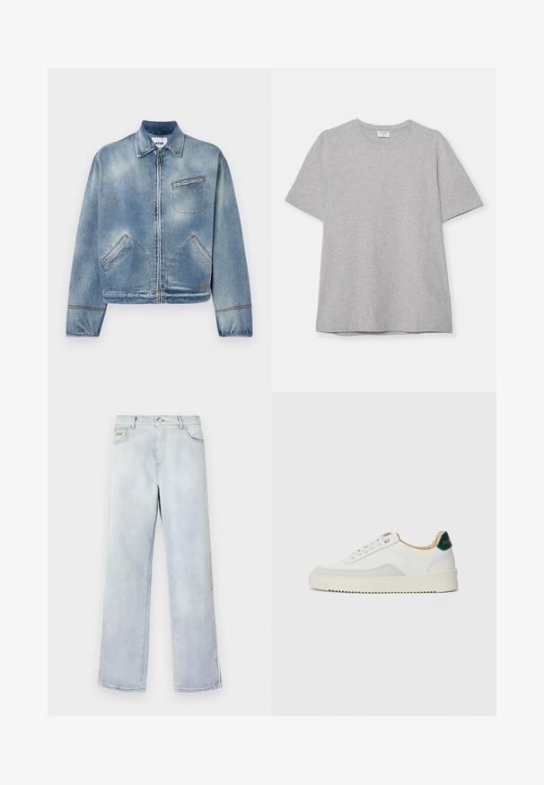 Vaaleansininen farkkutakki, jossa on edessä vetoketju, klassinen kaulus, kaksi sivutaskua ja yksi rintatasku. Eri väreissä olevat ompeluyksityiskohdat.; Harmaa lyhythihainen T-paita, joka on valmistettu pehmeästä ja teksturoidusta kankaasta. Varustettu klassisella pyöreällä pääntiellä ja suoraselkäisellä helman kanssa, sopii rentoon pukeutumiseen.; Vaaleansiniset farkut suoran lahkeen muotoilulla, joissa on napitus, viisi taskua ja kontrastiväriset ompeleet.; Valkoiset tennarit, joissa on nahkaosia, pyöreä kärki, tasaiset nauhat ja kermaisa kumi-pohja. Takana vihreä brändäys.