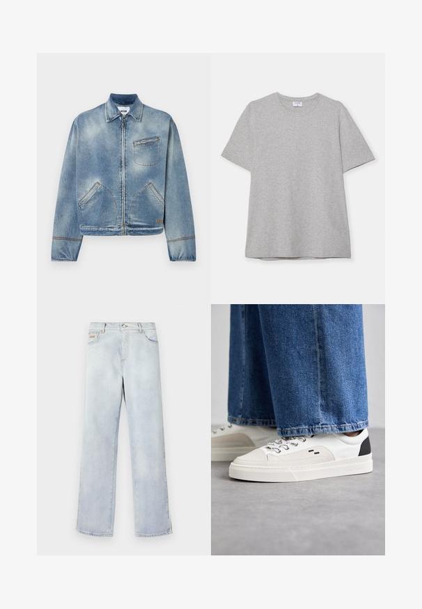 Jachetă din denim bleu deschis, cu fermoar frontal, guler clasic, două buzunare laterale și un singur buzunar pe piept. Detalii cu cusături contrastante.; T-shirt scurt gri, fabricat dintr-un material moale și texturat. Dispune de un guler clasic și o margine dreaptă, fiind potrivit pentru purtarea zilnică.; Blugi din denim albastru deschis cu un design drept, având un sistem de închidere cu buton, cinci buzunare și cusături contrastante.; Adidași albi și negri, cu un superior din piele netedă, accente texturate și o talpă albă groasă. Prezintă un design clasic cu șireturi.