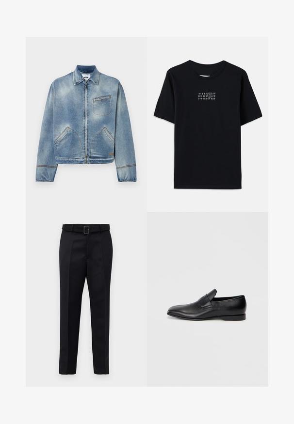 Ανοιχτό μπλε τζάκετ από τζιν με μπροστινό φερμουάρ, κλασικό γιακά, δύο πλαϊνές τσέπες και μια τσέπη στο στήθος. Λεπτομέρειες με αντίθετη ραφή.; Μαύρο βαμβακερό μπλουζάκι με κοντά μανίκια και στρογγυλή λαιμόκοψη. Διαθέτει λευκή αριθμητική εκτύπωση με ένα στυλιζαρισμένο '6' στο στήθος.; Μαύροι καλοραμμένοι παν trousers με λεία υφή, ίσια γραμμή και ζώνη με ορθογώνια πόρπη. Οι επισημασμένες πιέτες μπροστά ενισχύουν το σχέδιο.; Μαύρο δερμάτινο παπούτσι με λείο μέλος και μυτερή μύτη, ομαλή υφή και διακριτική σήμανση στο πλάι. Χαμηλός τακούνι με καθαρό, μινιμαλιστικό σχέδιο.