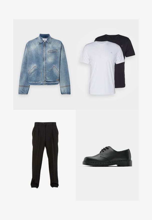 Světle modrá džínová bunda s předním zipem, klasickým límcem, dvěma bočními kapsami a jednou náprsní kapsou. Kontrastní švy.; Dvé bavlněné trička, jedno bílé a jedno černé, s krátkým rukávem a kulatým výstřihem, s malým logem na hrudi, hladká textura.; Černé kalhoty z hladké tkaniny, se zapínáním na tlačítko v pase, předními sklady a zúženými manžetami u kotníků. Klasický elegantní střih.; Černé kožené oxfordy s šněrováním, zakulacenou špičkou, plochou gumovou podrážkou a jemným prošíváním podél svršku.
