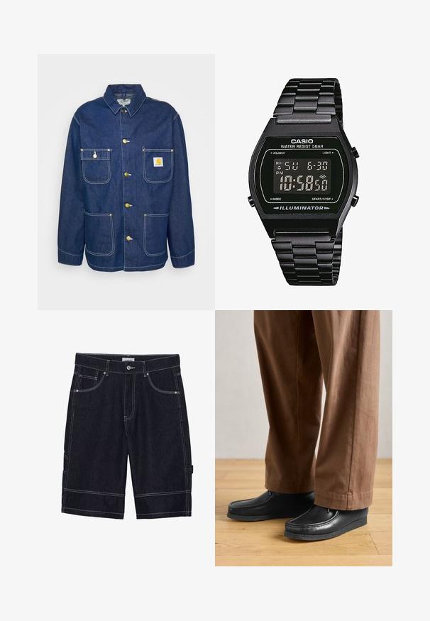Farmerdzseki arany gombokkal, négy zsebbel, gombos gallérral és fehér varrásokkal. Sötétkék anyag, texturált felülettel.; Rövid ujjú, olíva zöld ing könnyű anyagból, gombos elülső résszel és egy apró fehér Nike logóval a bal mellen.; Sötét farmer sort kontrasztos varrással, öt zseb, gombos záródás és egyenes szabás. Nincsenek látható minták vagy textúrák.; Fekete bőr mokaszin stílusú cipők, varrási részletekkel, barna nadrággal párosítva, fából készült padlón.; Digitális karóra fekete rozsdamentes acél szíjjal, négyzet alakú fekete számlappal, fehér számokkal, 5 bar vízállósággal és világító funkcióval.