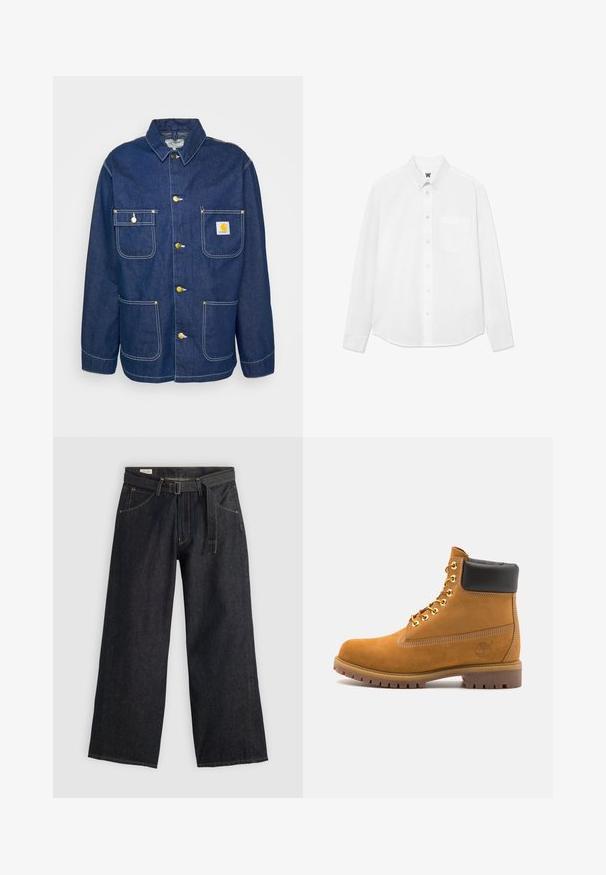 Farmerdzseki arany gombokkal, négy zsebbel, gombos gallérral és fehér varrásokkal. Sötétkék anyag, texturált felülettel.; Fehér, hosszú ujjú, gombos ing, gallérral, elülső zsebből és finom textúrából. Az elülső gombolás gombokkal és egy kis logó részlettel rendelkezik.; Sötét farmer széles lábú nadrág övvel a deréknál, elülső zsebekkel és kontrasztos varrással. Sima textúra tiszta dizájnnal.; Barna velúr bokacipő fekete párnázott gallérral, arany fém fűzőlyukakkal, fehér varrási részletekkel és durva gumitalppal, amelynek kifejezett barázdái vannak.