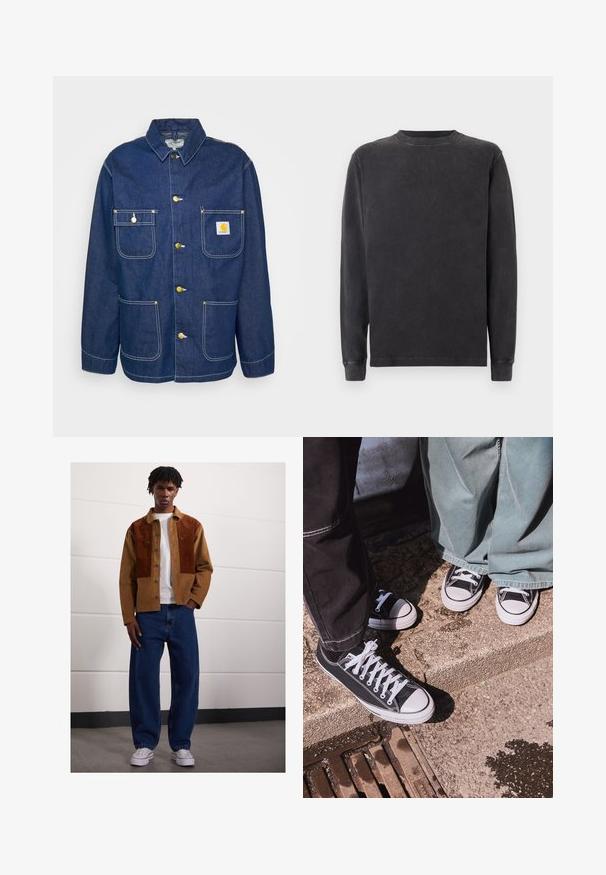 Jachetă din denim cu nasturi aurii, patru buzunare, guler cu capse și cusături albe. Material de culoare albastru închis cu un finisaj texturat.; Pulover cu mânecă lungă și decolteu rotund, în gri închis, realizat dintr-un amestec moale de bumbac. Are manșete și decolteu cu nervuri, cu un finisaj neted, ușor texturat.; Bărbat stând în interior, purtând un sacou din corduroy maro cu pete de rugină, tricou alb, blugi largi albaștri și adidași albi.; Adidași negri din pânză joasă cu vârful din cauciuc alb și șireturi, asociați cu pantaloni largi din denin verde, pe o suprafață texturată din piatră.