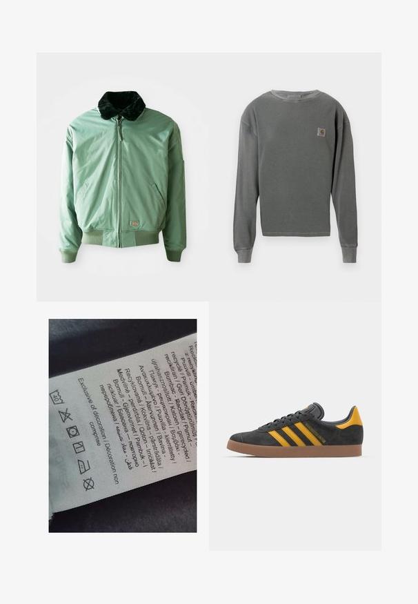 Green bomber jacket with a black faux fur collar, zip closure, ribbed cuffs and waistband, and side pockets. Smooth, shiny fabric.; Gray long-sleeve crewneck sweatshirt with ribbed texture, featuring a small square logo patch on the left chest and ribbed cuffs.; Label tag with multi-language text, care symbols, and recycling icons, printed on a soft fabric-like material in light color.; Black suede sneaker with yellow accents, featuring three stripes and a brown rubber sole. Includes a padded tongue for comfort.