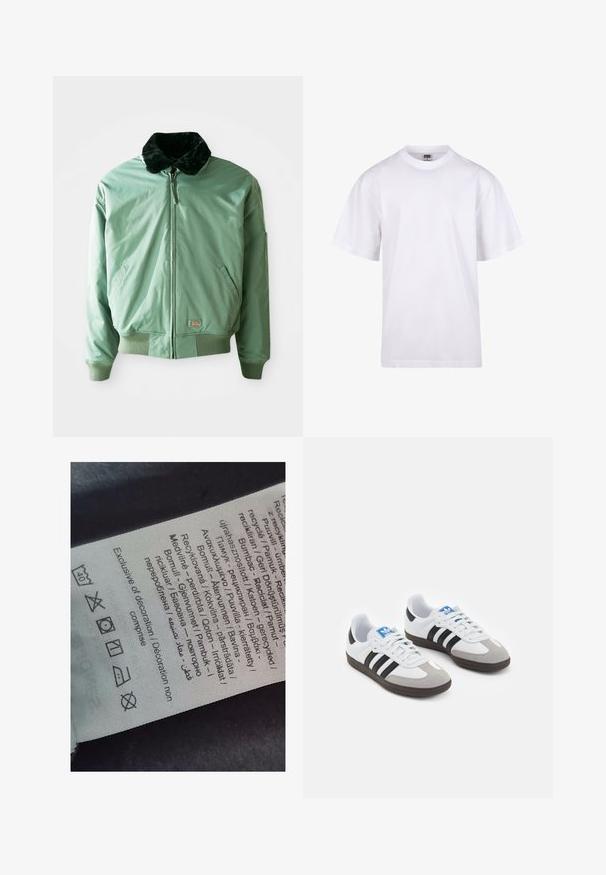 Žalias bomberio striukė su juodu dirbtinio kailio apykakle, užtrauktuku, raukšlėtėmis ant rankovių ir liemens, taip pat šoninėmis kišenėmis. Lygus, blizgus audinys.; Balta medvilnės marškinėliai su apvaliu iškirpimu, trumpomis rankovėmis ir laisvu siluetu. Turi paprastą dizainą be raštų ar akcentų.; Žymėjimo etiketė su daugiakalbiais tekstais, priežiūros simboliais ir perdirbimo ikonėmis, atspausdinta minkštu, audeklo tipo medžiagos šviesiais atspalviais.; Sportiniai batai su balta odine viršutine dalimi, pilku zomšiniu priekiu ir trimis juodomis juostelėmis. Ant liežuvio yra mėlynas logotipas, o padas pagamintas iš tekstūruoto gumos.