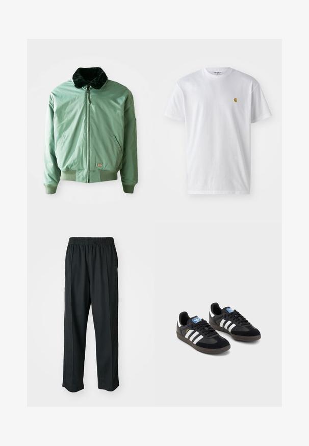 Πράσινο μπόμπερ μπουφάν με μαύρη συνθετική γούνα στον γιακά, κλείσιμο με φερμουάρ, ριμπ μανσέτες και φιόγκο στη μέση, και πλαϊνές τσέπες. Λείος, γυαλιστερός ύφασμα.; Λευκό βαμβακερό T-shirt με κοντά μανίκια, κλασική λαιμόκοψη, που διαθέτει ένα μικρό χρυσό λογότυπο στην αριστερή περιοχή του στήθους. Μαλακή υφή και κανονική εφαρμογή.; Μαύρο αθλητικό παντελόνι με ελαστική μέση, κατασκευασμένο από λείο ύφασμα, με διακριτική ραφή στο πλάι και χαλαρή εφαρμογή, σχέδιο ίσιου ποδιού.; Μαύρα αθλητικά παπούτσια με επάνω μέρος από σουέτ και συνθετικό υλικό, με τρεις λευκές ρίγες, υφασμάτινη σόλα από καουτσούκ και μπλε ταυτότητα λογότυπου στη γλώσσα.