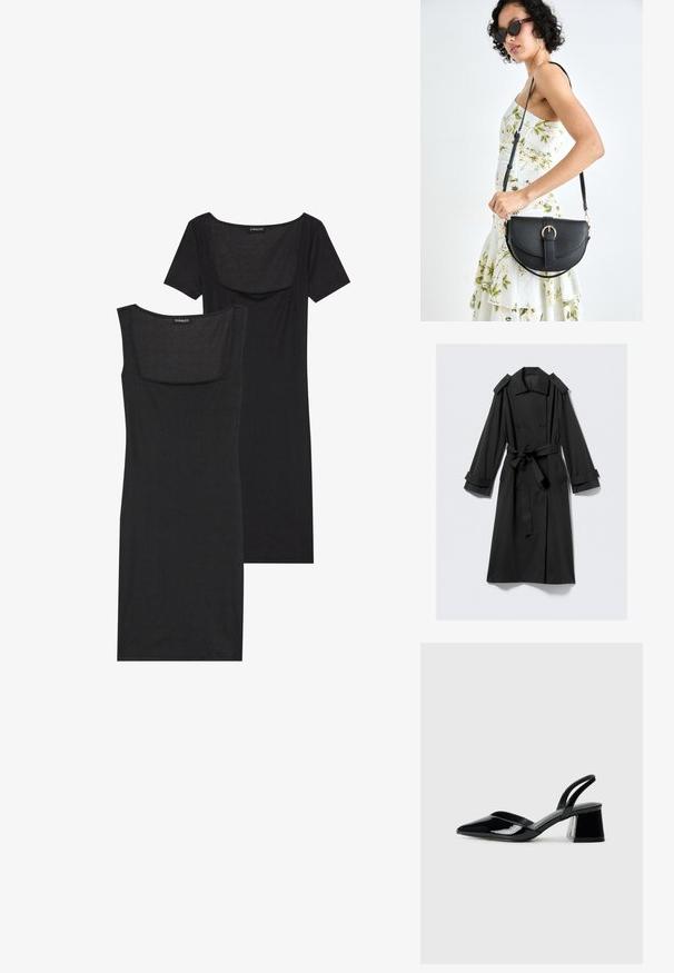 Juodas kulkšninių ilgumo trenčkotė, pagaminta iš lygaus audinio. Savybes: dvigubai užsegamas priekinis užsegimas, plačios apykaklės, peties epolekai ir diržas.; Juodas bodycon suknelė su kvadratiniu iškirpimu, trumpomis rankovėmis ir raštuota tekstūra. Dvi variantai: šviesiai juodas ir gilesnių juodų atspalvių.; Juodos lakuotos odinės šlepetės su smailiu pirštu ir geometriniu bloko kulnu. Turi elegantišką, minimalistinį dizainą ir lygų paviršių.; Juodas odinis krepšys su išlenkta forma, nuimamu dirželiu ir auksiniais detalėmis. Krepšys turi kilpą su sagtimi.