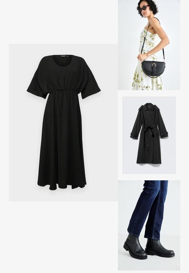 Trench coat nero lungo fino alle caviglie realizzato in tessuto morbido. Presenta una chiusura doppiopetto, ampi revers, spalline e una cintura da annodare.; Abito nero a lunghezza ginocchio con maniche corte e larghe, vita arricciata e tessuto leggero. Presenta una texture liscia e un semplice scollo rotondo.; Stivali neri in pelle alla caviglia con suola spessa e pannelli elastici laterali, abbinati a jeans blu scuro. Il terreno è di colore chiaro.; Borsa a tracolla nera in pelle con una forma curva, manico rimovibile e accessori dorati. La borsa presenta una patta con un dettaglio a fibbia.