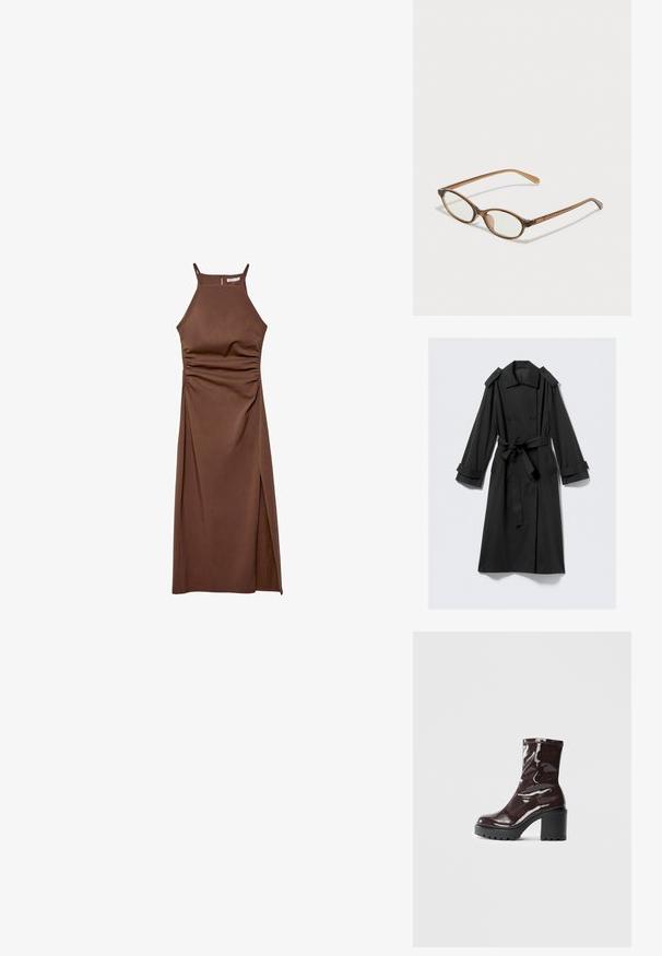 Czarny trikotażowy płaszcz do kostek o gładkiej fakturze. Posiada podwójnie zapinany przód, szerokie klapy, naramienniki oraz pasek wiązany.; Stradivarius - Sukienka etui; Błyszczące bordowe botki za kostkę z masywną czarną obcasem, charakteryzujące się gładką teksturą i prostym wzornictwem. Brak widocznych zapięć lub wzorów.; Brązowe okulary w motyle z owalnymi soczewkami, cienkimi ramionami i przezroczystymi akcentami. Posiadają subtelne logo na zauszniku. Smukły, lekki design.