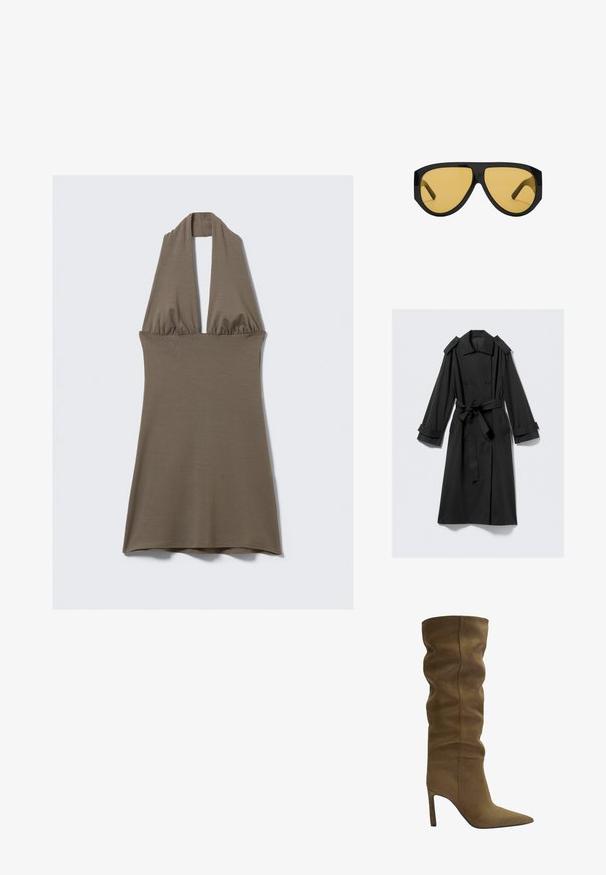 Sorte ankel-lange trenchcoat lavet af glat stof. Har dobbeltradet front, brede revers, skulderstropper og bælte.; Halter-neck kjole i olivengrøn, lavet af blødt, strækbart materiale. Har en samlet talje og en flagrende skirt, med en glat tekstur.; Olivengrøn suedestøvle til knæhøjde med spids tå, afslappet overdel og stilettostøttestykke, der har synlige syninger.; Sunglasses med en slank sort plastisk ramme og gule tonede linser, med en karakteristisk vinkelret form og brede stigegler for ekstra dækning.