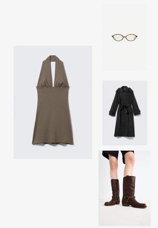 Črni plašč do gležnjev iz gladkega materiala. Ima dvojno zapenjanje na sprednji strani, široke reverje, epoletne naramnice in pas s trakovi.; Halter vrh obleka v olivno zeleni barvi, izdelana iz mehkega, raztegljivega materiala. Ima zbrano pasu in razširjeno krilo z gladko teksturo.; Rjave usnjene čizme do kolen s zaobljenim nosom, teksturirano površino, trakovi okoli gležnja in srebrni detajli; zasnovane s steknjenim peto.; Kornjačaste očala z ovalnimi lečami in gladko, sijočo površino. Imajo tanke stranice z rahlim ovinkom na templjih. Prosojne leče.