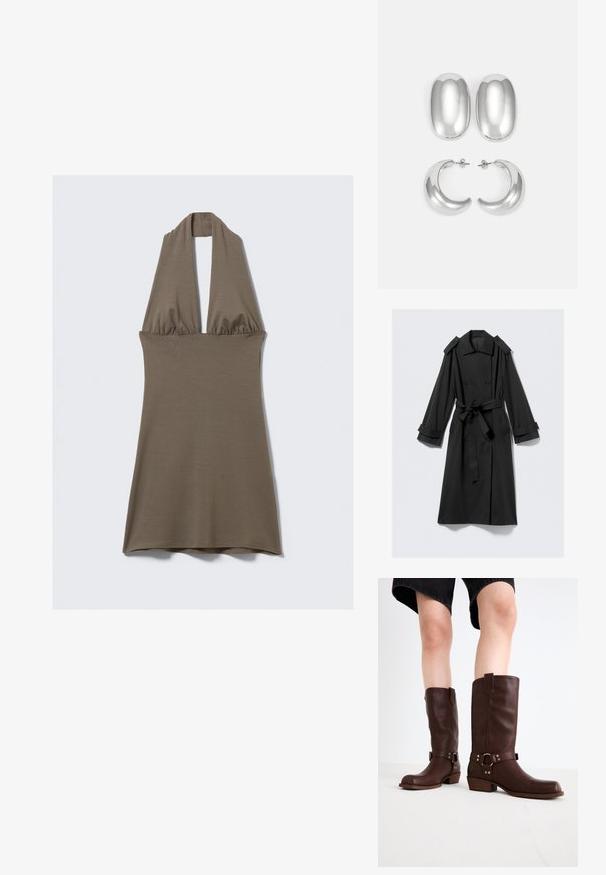 Černý kabát po kotníky vyrobený ze hladké tkaniny. Má dvouřadé zapínání, široké klopy, ramenní epaulety a pásek na zavázání.; Šaty na krk v olivově zelené barvě, vyrobené z měkkého, pružného materiálu. Mají stažený pas a rozšířenou sukni s hladkou texturou.; Hnědé kožené vysoké boty ke kolenům s kulatou špičkou, texturovaným povrchem, řemínkem kolem kotníku a detailem ze stříbrného kovu; na podpatku.; Stříbrné náušnice set: dva oválné pecky a dva kroužky ve tvaru půlměsíce, s lesklým, hladkým povrchem a zaobleným designem.