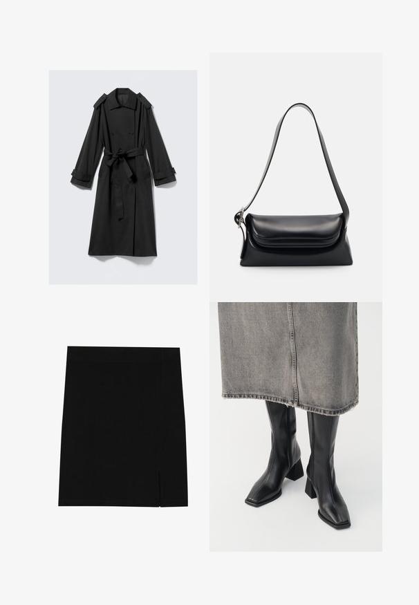 Sorte ankel-lange trenchcoat lavet af glat stof. Har dobbeltradet front, brede revers, skulderstropper og bælte.; Olivenfarvet strikket sweater med rund hals, lange ærmer og ribbet kant. Har et cropped design med en blød, struktureret overflade.; Sort mini nederdel lavet af blødt stof med en tætsiddende design, der har en lille slids på siden for ekstra detalje.; Sorte knæhøje støvler i glat læder med firkantet tå og blokeret hæl. Båret med en grå denimnederdel med flosset kant.; Sort læderhåndvask med en struktureret form, en glat overflade og en enkelt skulderrem. Har et subtilt, rundet klapdesign.