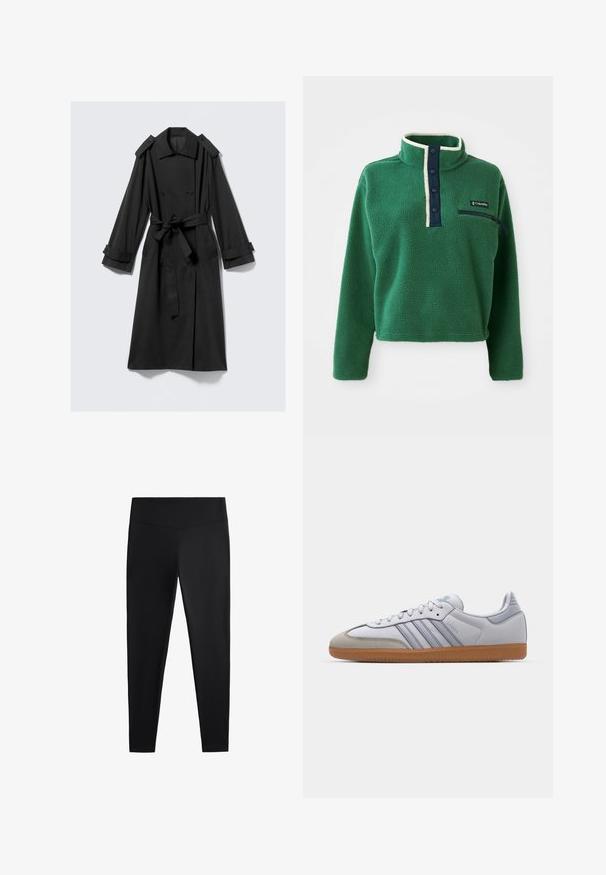 Schwarzer knöchellanger Trenchcoat aus glattem Stoff. Verfügt über eine doppelte Knopfreihe, breite Revers, Schulterklappen und einen Bindegürtel.; Grüner Fleece-Pullover mit hohem Kragen, maritimer Knopfleiste und einer Reißverschlusstasche. Mit weicher Textur und kontrastierender cremefarbener Einfassung.; Schwarze Leggings aus glattem, dehnbarem Stoff. Mit einem breiten Bund und tailliertem Bein Design, geeignet für aktive oder lässige Kleidung.; Weiße Ledersneaker mit hellblauen Akzenten, grauem Wildlederzehen und einer braunen Gummisohle. Verfügt über drei blaue Streifen und "Samba"-Branding.