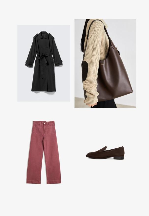 Schwarzer knöchellanger Trenchcoat aus glattem Stoff. Verfügt über eine doppelte Knopfreihe, breite Revers, Schulterklappen und einen Bindegürtel.; Weißes Baumwoll-T-Shirt mit kurzen Ärmeln und einem runden Ausschnitt. Verfügt über ein pinkes Etikett am inneren Hals. Glatte Textur.; Weite Hosen in einem gedämpften Rosaton. Hergestellt aus robuster Stoff, mit zwei Gesäßtaschen, Knopfverschluss und Gürtelschlaufen.; Brauner Slipper mit glatter Oberfläche, elongated Form, niedrigem Blockabsatz und minimalistischen Design. Keine sichtbaren Muster oder Verzierungen.; Braune Leder-Umhängetasche mit geräumigem Design. Verfügt über eine glatte Textur und ein dezentes Goldenes Logo. Kombiniert mit einem cremefarbenen Strickpullover.