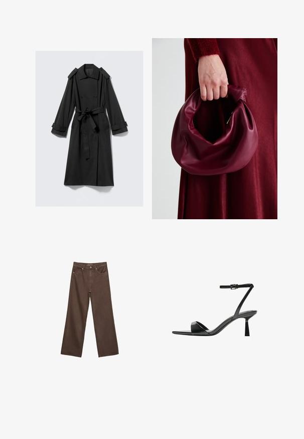 Sorte ankel-lange trenchcoat lavet af glat stof. Har dobbeltradet front, brede revers, skulderstropper og bælte.; Langærmet, tætsiddende top lavet af mørkebrun stof. Rund halsudskæring, glat tekstur og let forlængede ærmer uden manchetter.; Bredde ben brun denim jeans med høj talje, forlommer og klassisk knaplukning. Glat tekstur med diskret syninger.; Bershka Højhælede sandaletter / Højhælede sandaler - black; Bordeaux læderhåndtaske med et blødt, samlet design og en rund form. Håndtaget er sikret og viser en glat tekstur.