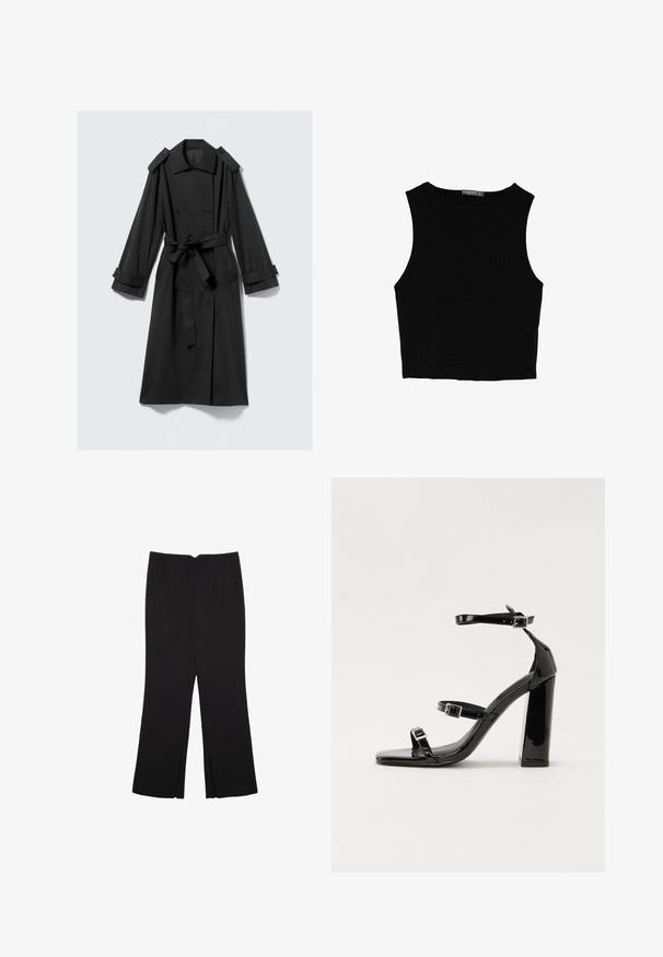 Black ankle-length trench coat made of smooth fabric. Features double-breasted front, wide lapels, shoulder epaulets, and a tie belt.; Black sleeveless crop top made of smooth fabric, featuring a round neck and a clean, simple design without patterns or hardware.; Black trousers with a straight fit, featuring front pockets and side slits at the hem. Made of soft, smooth fabric. Suitable for various occasions.; Black patent heeled sandals with a square toe, ankle straps, and silver buckles. Features a chunky block heel for stability.