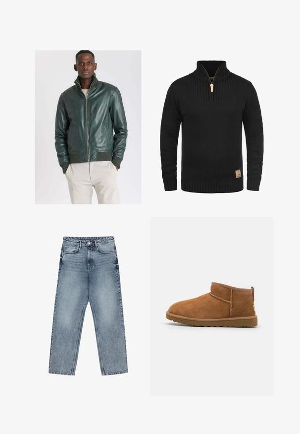 Groene leren bomberjack met een hoge kraag, voorsluiting met rits en ribbelmanchetten. Gladde textuur en twee zijzakken.; Zwart gebreid sweater met hoge kraag, halve ritssluiting, geribbelde manchetten en zoom. Opvallend leren label aan de onderzijde.; Lichtblauwe denim jeans met een rechte pijp, zichtbare stiksels, vijf zakken en een knoopsluiting in de taille.; Tan suède enkellaars met een ronde neus, subtiele stiksels en een gestructureerde rubberen zool. Korte hoogte zonder veters.