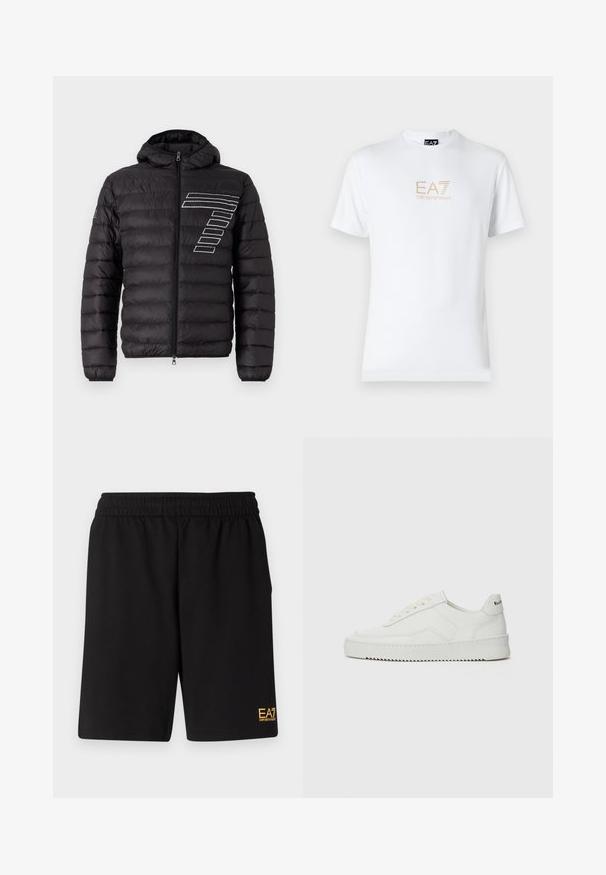 Svart puffjacka med huva, med horisontella quiltade paneler och en vit randig design på vänster bröst. Dragkedja fram.; Vit bomull t-shirt med rund halsringning och korta ärmar, med en guld EA7 Emporio Armani-logotyp tryckt på framsidan.; Svarta träningsshorts i mjukt tyg, med ett elastiskt midjeband och en liten gul EA7-logotyp på nedre vänstra benet.; Vita lädersneakers med en jämn yta, rund tå, platta snörningar och en strukturerad sula. Har en diskret logotyp på hälen.