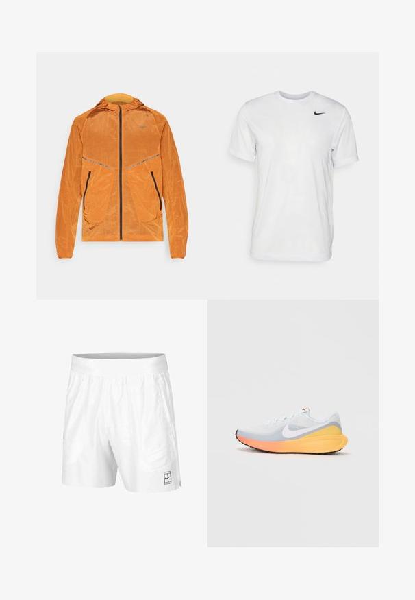 Oranje Nike-jack met capuchon, gestructureerde stof, volledige rits, twee voortassen met zwarte ritsen en reflecterende accenten.; Witte korte mouwen t-shirt gemaakt van gladde stof. Voorzien van een ronde hals en een klein zwart Nike-logo op de linkerborst.; Witte sportshorts gemaakt van lichtgewicht stof met een elastische tailleband, voorzien van twee zijzakken en een klein zwart logo op de zoom.; Lichtblauwe hardloopschoen met een ademend bovenwerk van mesh. Bevat een witte swoosh, een oranje en gele tussenzool, en een zwarte buitenzool voor grip.
