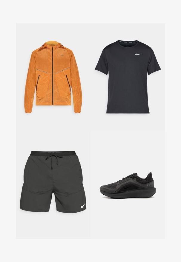 Jachetă Nike portocalie cu glugă, material texturat, fermoar complet, două buzunare frontale cu fermoare negre și accente reflectorizante.; Tricou de alergare Nike negru, fabricat dintr-un material ușor și respirabil, cu mâneci scurte și un mic logo alb pe piept.; Pantaloni scurți negri pentru alergare cu un tiv elastic, șnur de ajustare, buzunare laterale și un logo alb Nike pe partea din stânga jos a piciorului.; Pantof de sport negru cu un superior texturat, matlasat, design elegant și talpă din cauciuc negru. Dispune de un logo vizibil și branding Gore-Tex.