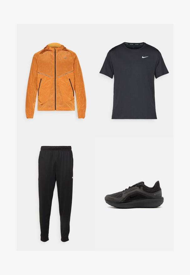 Oranž Nike jakk, millel on kapuuts, tekstuuriga kangas, täispikk tõmblukk, kaks esist taskut mustade tõmblukkudega ja peegeldavad aktsendid.; Mustamust Nike'i jooksupaita, mis on valmistatud kergest ja hingavast materjalist, lühikeste varrukatega ja mille rinnal on väike valge logo.; Mustad mustekad athletic-püksid sujuvast kangast, elastse vöökoha, kitsenevate jalgade ja väikese valge logoga vasakul küljel.; Must have mustandusega mustad sportlikud jalanõud, millel on tekstuurne tikandiga ülemine osa, nutikas disain ja must kummist tallad. Omab nähtavat logo ning Gore-Tex brändingut.