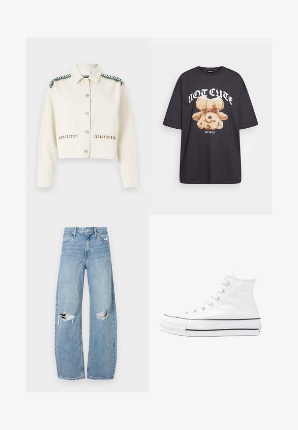 Cropped cream jacket made of denim, featuring green trim and decorative stitching in gold and black along pockets and shoulders.; Black oversized t-shirt featuring a graphic of a bear with the text “NOT CUTE BUT WILD” in bold, white lettering. Cotton material.; Light blue, high-waisted jeans made of denim. Feature wide legs, two torn knee areas, and classic five-pocket styling.; White high-top canvas sneaker with black rubber sole, front rubber toe cap, and six eyelets for laces, featuring a clean, minimalist design.