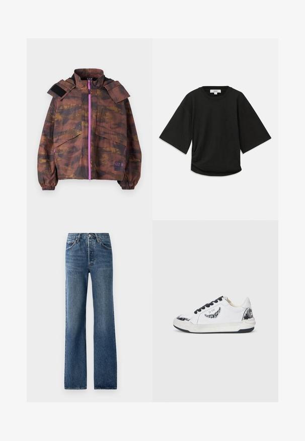 Rudas ir oranžinis raštuotas švarkas su užtrauktuku, aukštu apykakle ir didelėmis kišenėmis. Yra purpuriniai užtrauktuko ir velcro akcentai.; Juodas trumpomis rankovėmis marškinėliai, pagaminti iš švelnaus medvilnės, su apskritu kaklu ir laisvu siluetu, su subtiliu surinkimu šone.; Mėlyni džinsai su tiesiu blekšimu, turintys penkias kišenes, sagčių uždarymą ir šviesius išblukimo efektus su subtiliomis dėvėjimo žymėmis.; Baltieji sportbačiai su juodais akcentais, turintys tekstūruotą dizainą šone, juodus raištelius ir guminį padas. Ant viršaus - logotipas ir piešinys.