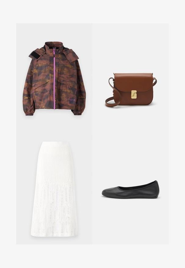Hnedo-oranžová čalúnená bunda so zipovým zapínaním vpredu, vysokým golierom a veľkými vreckami. Obsahuje purpurový zips a suchý zips.; Biela krátka tričko s krátkymi rukávmi vyrobené z rebrovanej látky. Klasický okrúhly výstrih, bežný strih a jemné švy. Bez vzorov alebo grafiky.; Pletená biela midi sukňa s textúrovaným vzorom s vertikálnymi pruhmi a výrezmi v blízkosti dolného okraja. Elastický pás. Mäkkučký materiál.; Čierne kožené baleríny s okrúhlou špičkou, hladkým povrchom, minimálnym prešívaním a flexibilným dizajnom podrážky.; Hnedá kožená kabelka s klopou, zlatými kovovými prvkami, ramenným popruhom a hladkým povrchom. Kompaktný obdĺžnikový tvar.