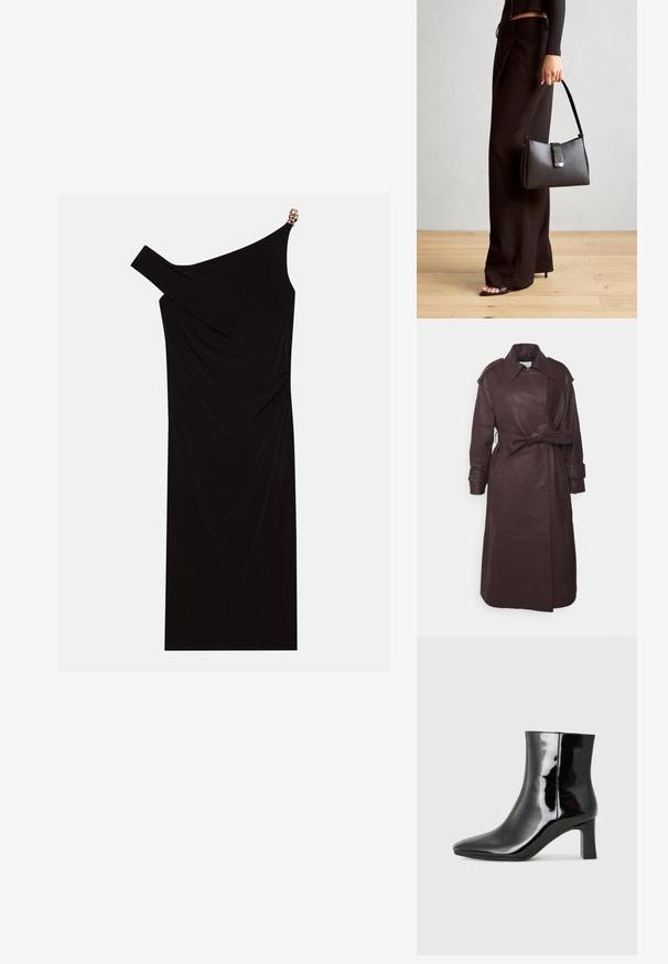 IVY OAK LILITH - Trenchcoat - bordeaux; Black one-shoulder dress made of draped fabric featuring a gold accent on the shoulder, smooth texture, and knee-length design.; Black patent leather ankle boot with a pointed toe and a mid-height block heel. Smooth texture and minimalist design.; Black handbag with structured shape, smooth texture, and a metallic clasp. Paired with wide black pants and open-toe sandals on wooden floor.
