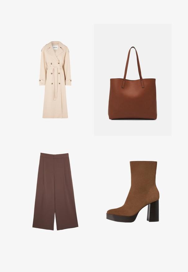 Beige trenkkot, jossa on kaksinkertainen nappivarsi, suuri kaulus ja kangasvyö. Varustettu kultaisilla napilla ja hihansuiden yksityiskohdilla. Silkkinen pinta.; Beige pitkähihaisen pyöreäkauluksinen villapaita, jossa on ribbikuvioiset hihansuut ja helma, valmistettu pehmeästä neulekankaasta, esitelty valkoista taustaa vasten.; Ruskeat leveälahkeiset housut, joissa on sileä pinta, korkea vyötärö ja etupleat. Kangas on kevyttä ja laskeutuu väljänä.; Ruskea nahkasaapas nilkkapituudelta, jossa on pyöreä kärki, paksu mustasuuntainen korko ja sileä pinta. Omistaa istuvan muotoilun ilman näkyvää kiinnitystä.; Ruskea nahkainen olkalaukku, jossa on sileä pinta, avoin yläosa ja kaksi olkahihnaa. Omaavat vain minimaalisen ompelun eikä näkyvää metalliosaa.