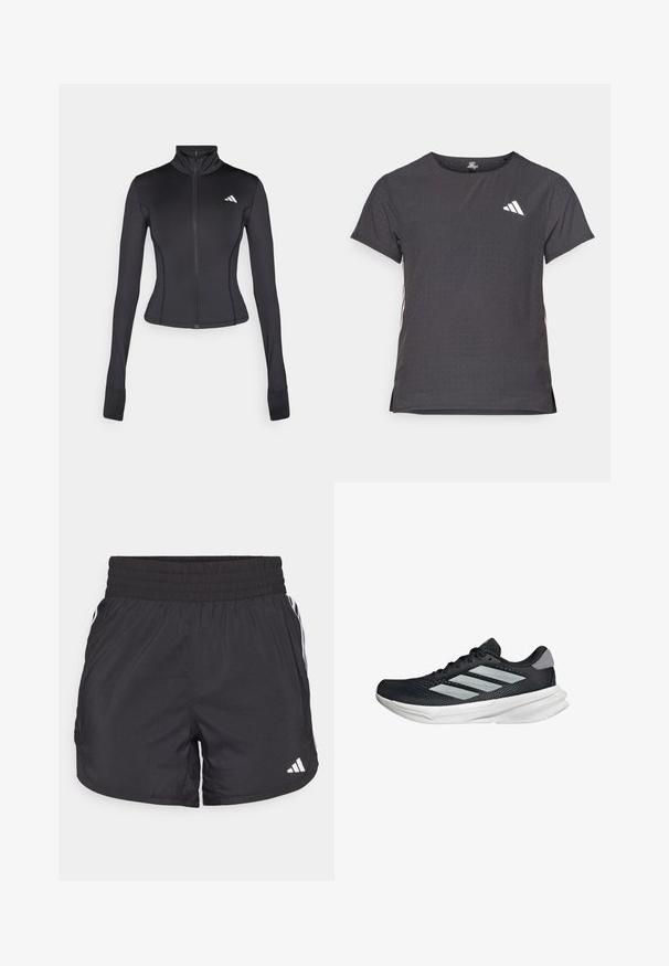 Zwarte aansluitende zip-up jas van rekbare stof, met lange mouwen, een staande kraag en een klein logo op de linkerborst.; Korte mouwen sport t-shirt, donkergrijs met geperforeerde textuur. Bevat een wit logo en contrasterende zijstrepen. Ronde halslijn.; Zwarte sportieve shorts met een elastische tailleband, zijzakken en witte streepaccenten aan de zijkanten. Gemaakt van lichtgewicht materiaal.; Zwarte hardloopschoen met een mesh bovenzijde, drie zilveren strepen, witte middenzool en een gestructureerde loopzool. Heeft een gevoerde kraag en een vetersluiting.