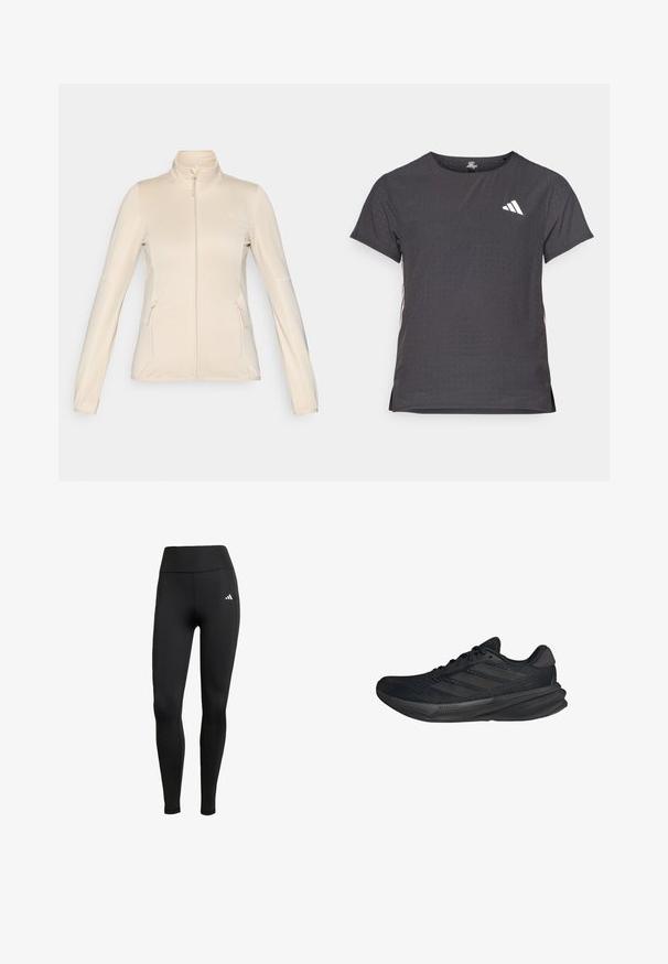 Hellbeige Reißverschlussjacke mit hohem Kragen, langen Ärmeln, Seitentaschen und strukturierten Akzenten an den Ärmeln. Glatter Stoff mit tailliertem Schnitt.; Kurze Ärmel Sport-T-Shirt, dunkelgrau mit durchbrochener Textur. Enthält ein weißes Logo und kontrastierende Seitenstreifen. Runder Ausschnitt.; Schwarze Sportleggings mit hohem Bund. Aus dehnbarem Stoff gefertigt, mit einem weißen Logodetail auf der oberen linken Seite.; Schwarze Sportschuhe mit einem Obermaterial aus Mesh, stromlinienförmiger Form, flacher Sohle und drei diagonalen Streifen an der Seite. Leichtes Design für Komfort.