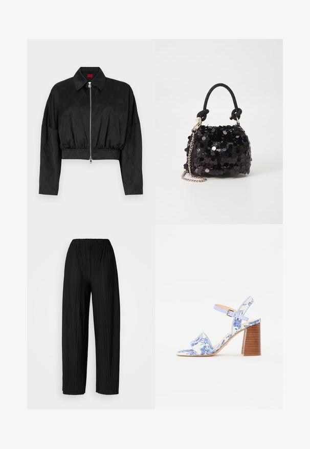 Giacca nera corta in tessuto lucido con un motivo inciso sottile, dotata di colletto a punta, chiusura con zip e vita elastica.; Top in cotone bianco senza maniche con spalline sottili, caratterizzato da un collo a barchetta e una texture leggermente trasparente. L'orlo è diritto senza ulteriori rifiniture.; Pantaloni neri a gamba larga plissettati con vita elastica. Il tessuto presenta pieghe verticali e una consistenza liscia.; Sandal con stampa floreale blu, con punta quadrata, una larga fascia e una cinghia alla caviglia regolabile, dotata di un tacco a blocco in legno texturizzato.; Mini borsa a tracolla nera in paillettes con una tracolla texturizzata annodata e catena argentata. Forma rotonda con parte superiore arricciata e dettagli riflettenti.