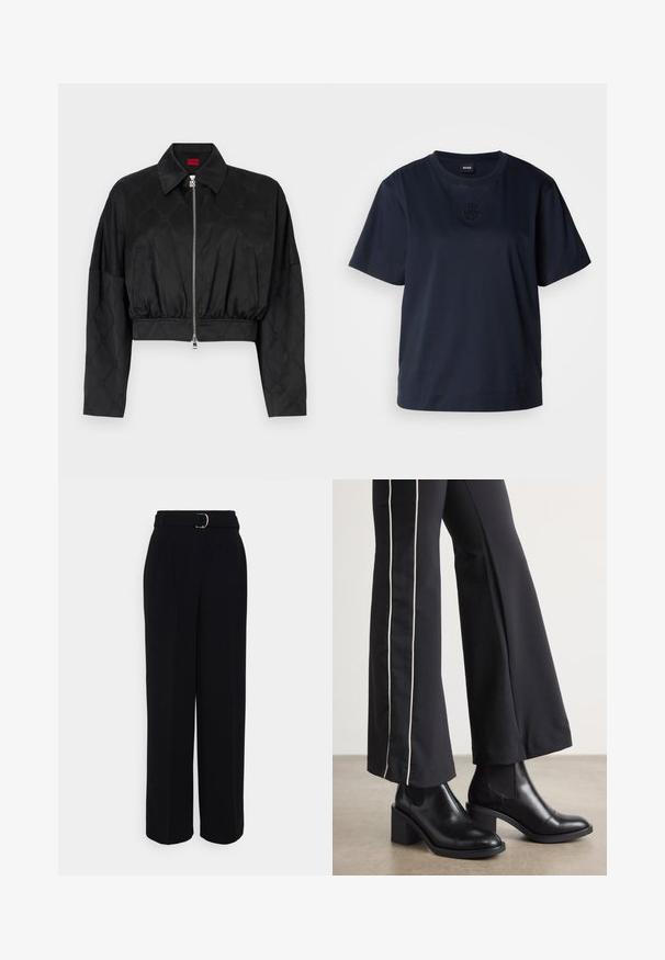 Schwarze kurz geschnittene Jacke aus glänzendem Stoff mit einem dezenten geprägten Muster, ausgestattet mit einem Punktkragen, einem Reißverschluss und einem elastischen Bund.; Marineblaues T-Shirt mit kurzen Ärmeln aus weicher Baumwolle. Hat einen runden Halsausschnitt und ein dezentes gesticktes Logo auf der Brust.; Schwarze maßgeschneiderte Hose mit weit auslaufendem Schnitt, ausgestattet mit einem Gürtel mit einer silbernen Schnalle, Falten und einer glatten Stofftextur.; Schwarze Lederstiefeletten mit einem Blockabsatz, ausgestattet mit elastischen seitlichen Einsätzen. Kombiniert mit schwarzen Hosen, die einen weißen Seitenstreifen haben.