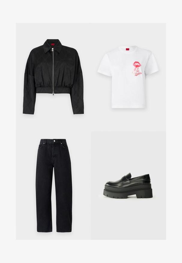 Mustapintainen, kiiltävästä kankaasta valmistettu lyhyt takki, jossa on huomaamaton kohokuviointi. Takissa on pisterintapeite, vetoketjukiinnitys ja joustava vyötärö.; Valkoinen puuvillapaita lyhyillä hihoilla, jossa on vaaleanpunainen huulijälki ja huulipunaan liittyvä grafiikka, sekä teksti "La Nuit Devious."; Korkeavyötäröiset, suorat mustat farkut viidellä taskulla, metallipainikkeilla ja sävyssä ommelluilla saumoilla. Sujuva pinta, minimalistikko muotoilu.; Musta nahkakengät, joissa on muhkea pohja. Pyöristetty kärki, etusauman yksityiskohtia ja hienovaraisia ompeluaksentteja. Littee, kuvioitu ulkopohja.