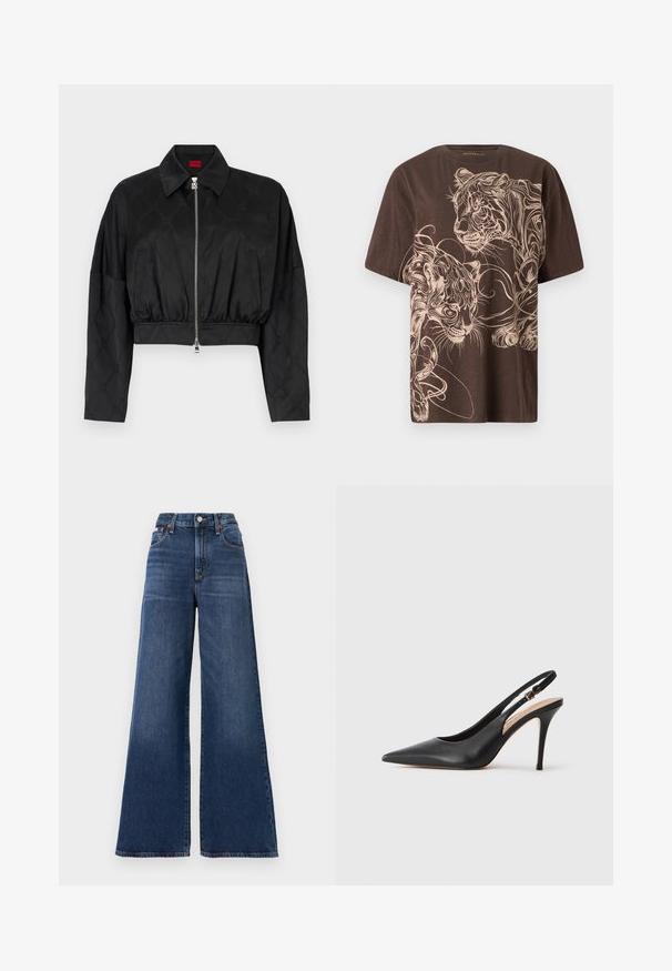 Melna īsā jakas ar spīdīgu audumu, kas satur smalku reljefu rakstu, ar stūra apkakli, rāvējslēdzēju un elastīgu jostu.; Brūna T-kreklu ar detalizētu krēmkrāsas tīģera grafiku. Īsas piedurknes, apaļa kakla izgriezums un mīksta, teksturēta auduma.; Augsti vidukļa, platu kāju džinsi no tumši zilas denima, ar pogu aizdari, piecām kabatām un vieglu izbalējumu uz gurniem.; Melna ādas slingback augstpapēžu kurpe ar norādītu purngalu, gludu tekstūru un smalku siksniņu ar metalizētu sprādzi.