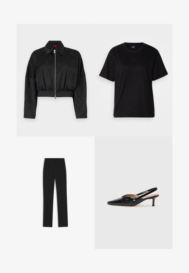 Black cropped jacket in glossy fabric with a subtle embossed pattern, featuring a point collar, zip closure, and elastic waistband.; Black cotton t-shirt with a crew neckline, short sleeves, and an embroidered logo on the chest. Simple, relaxed fit with no patterns.; Black tailored trousers with a straight-leg design, featuring front pockets and a smooth, textured fabric. Neat, minimal detailing.; Black patent leather slingback pump with a pointed toe, small heel, and a cutout design on the vamp. Gold-tone hardware accent on the side.